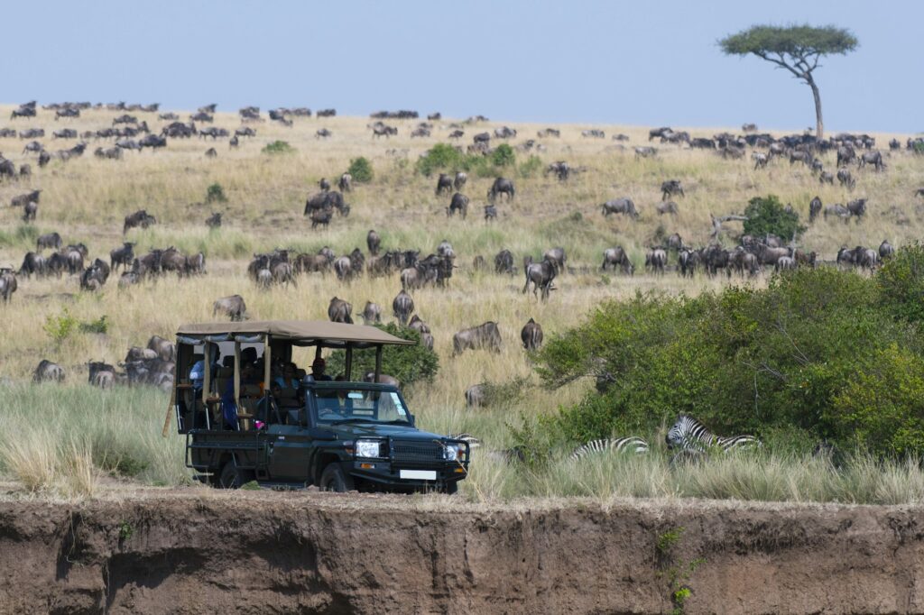 A safari vehicle in the Masai Mara National Reserve, Kenya, Africa